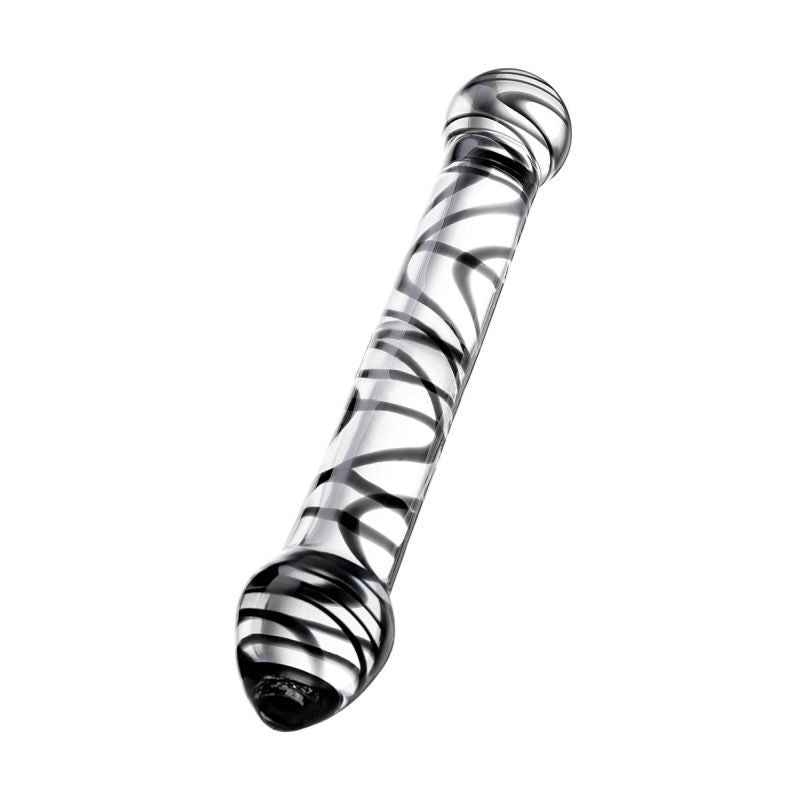 Stylish black swirl glass dildo for couples designed for anal or vaginal stimulation, 20.5cm length.