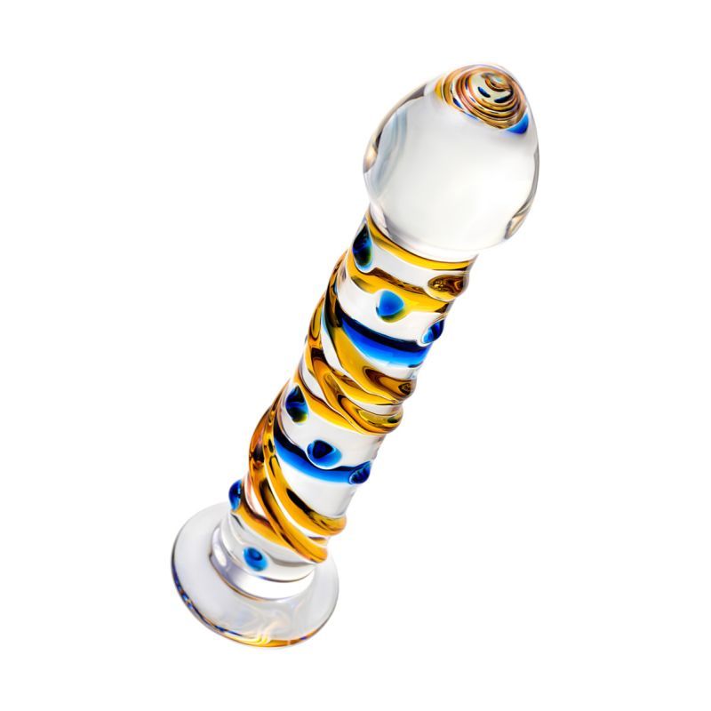 yellow glass dildo 17.2cm with blue and yellow swirl design, made of durable glass for pleasure.