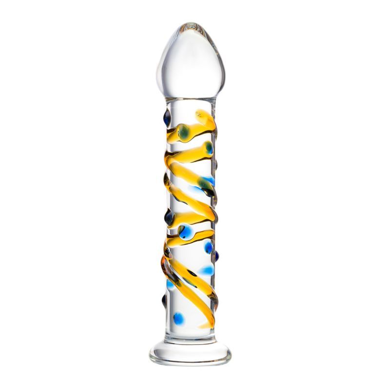 yellow glass dildo 17.2cm with a unique design featuring blue and yellow accents.