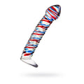 Sexus Glass Dildo Stripes w Base Blue/Red 16cm, a decorative glass dildo with base, ideal for adult use.
