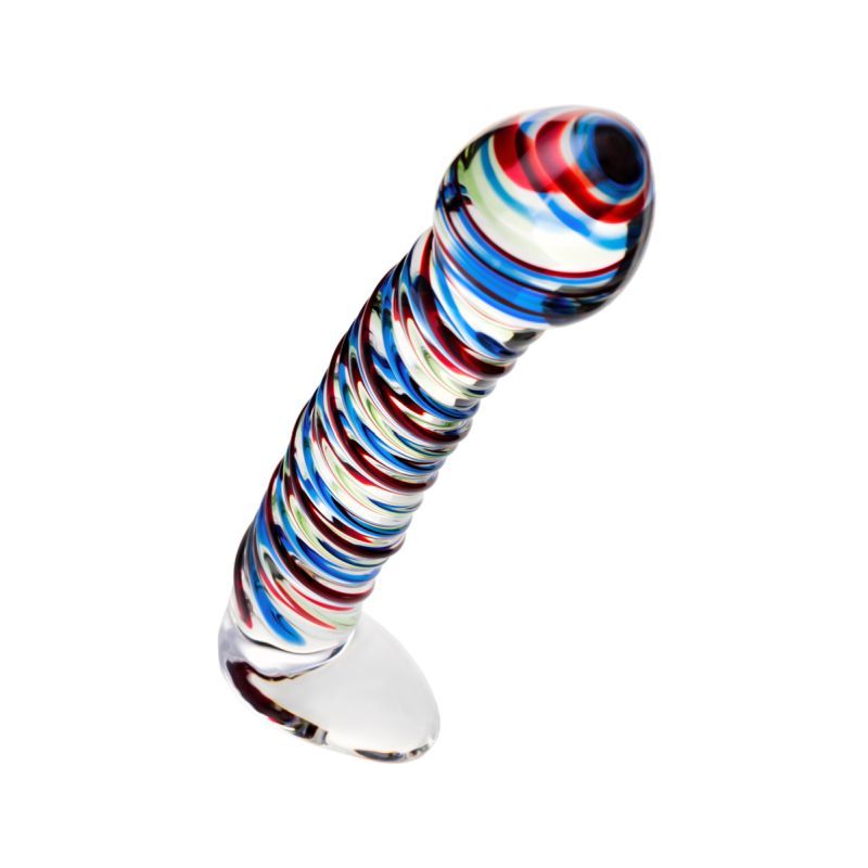 Sexus Glass Dildo Stripes w Base Blue/Red 16cm, a glass dildo with base for enhanced pleasure.