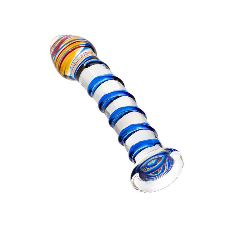 Sexus blue swirls glass dildo 18cm showcasing vibrant colors and smooth surface.