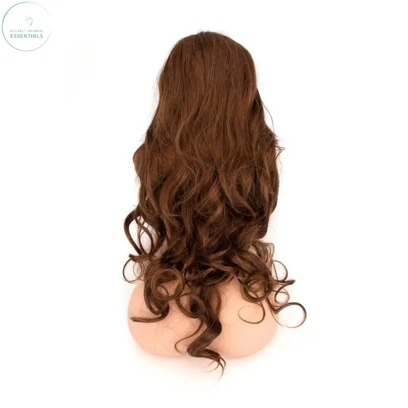 Female torso with natural skin tone featuring a realistic brunette wig and curvy backside.