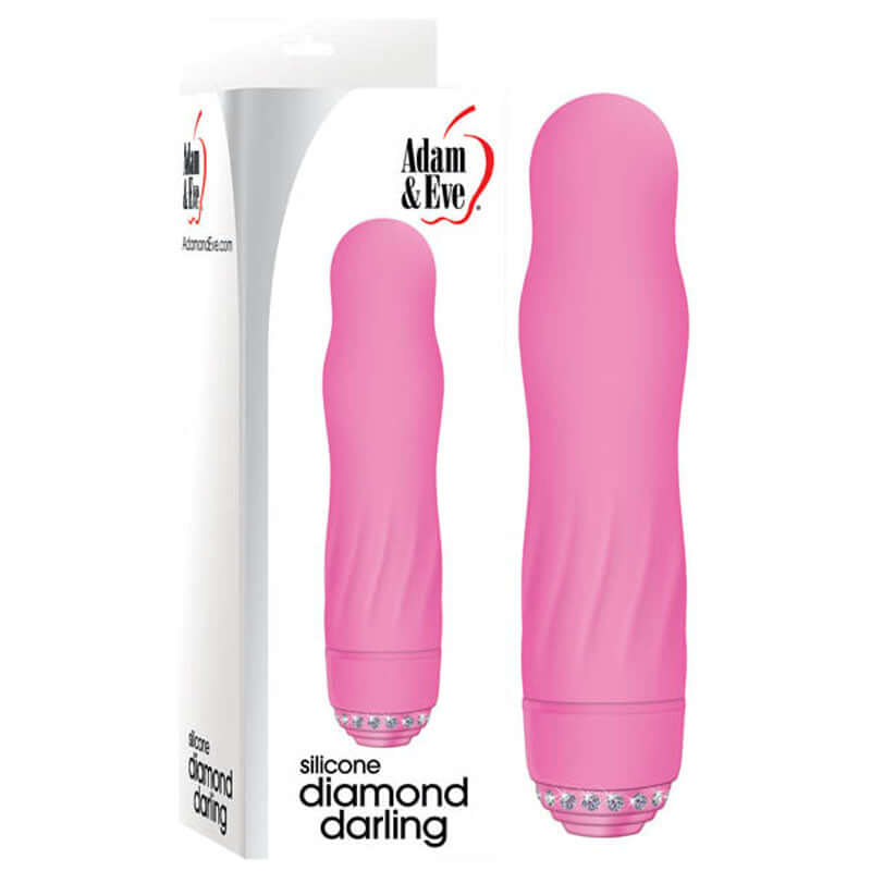 Adam & Eve Diamond Darling silicone vibrator in pink, compact waterproof vibrator with rhinestone base and 10 speeds.