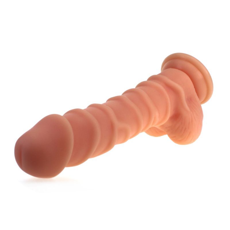 Realistic dildo with ridged shaft w balls in flesh color on suction base, 20cm insertable length.