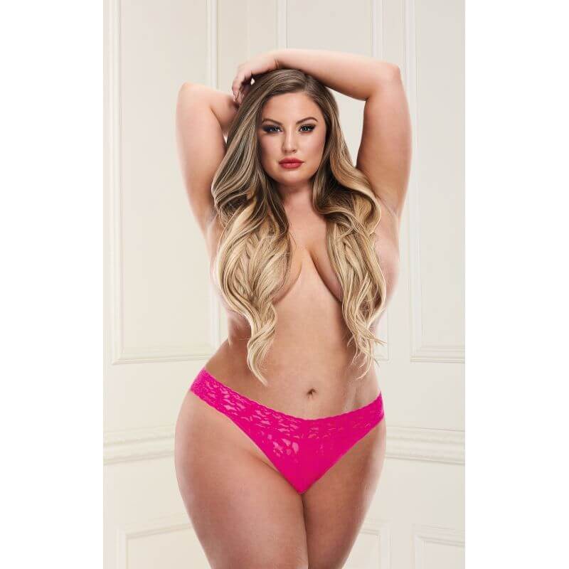 Low Rise Thong Neon Blue model showcasing a vibrant pink thong, highlighting intimate essentials for her.