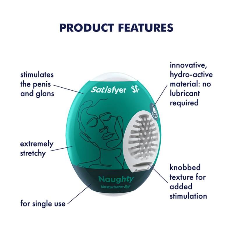 Satisfyer Masturbator Egg Naughty features a compact design, ideal as a portable masturbation device with no lubricant needed.