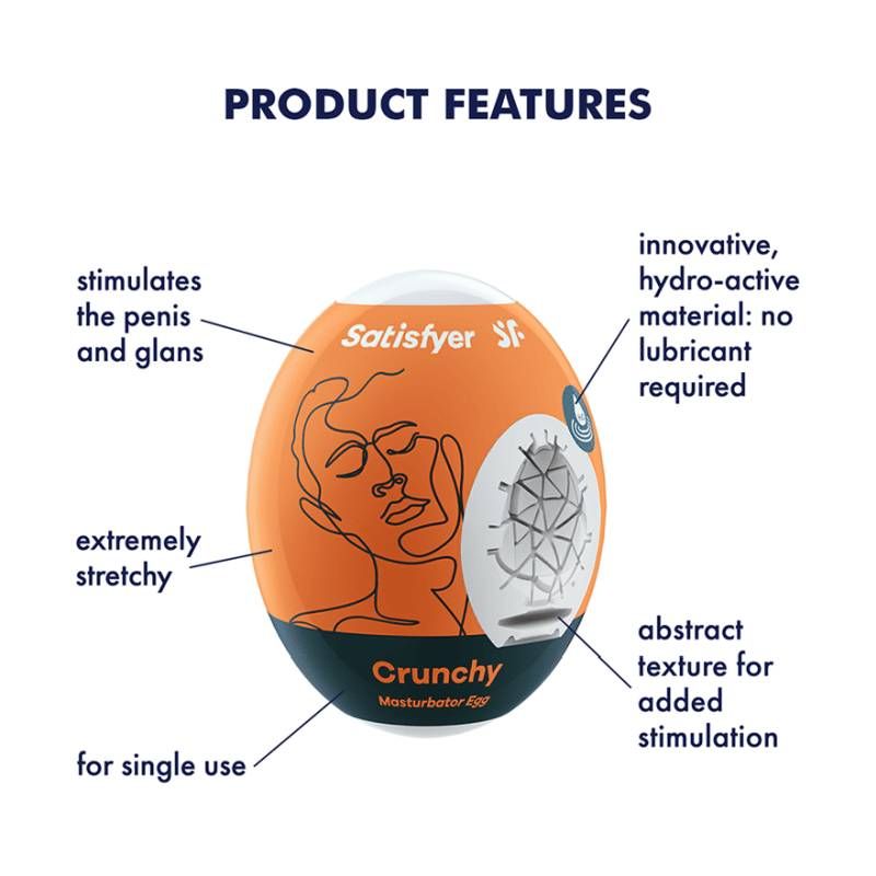 Satisfyer Masturbator Egg Crunchy features, innovative travel masturbation device with hydro-active material.