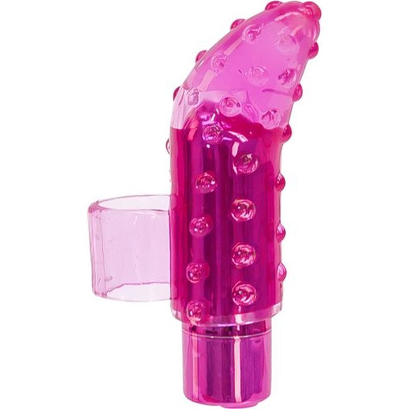 Frisky Finger rechargeable pink finger vibrator featuring textured design for enhanced pleasure.