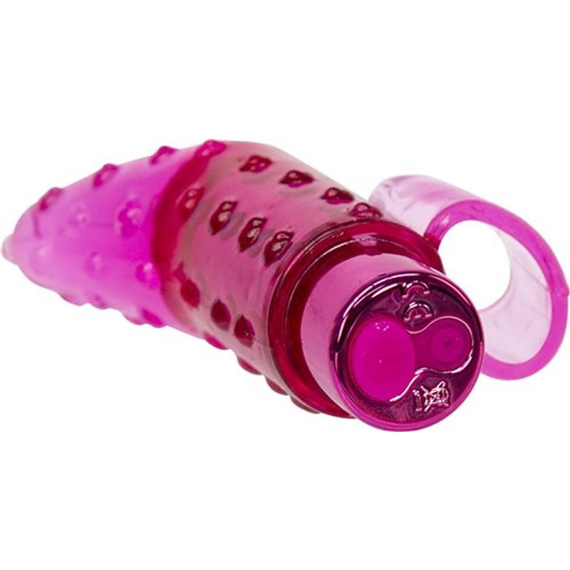 Frisky Finger rechargeable pink vibrator with textured sleeve for pleasurable sensations, perfect for couples, rechargeable finger vibrator.