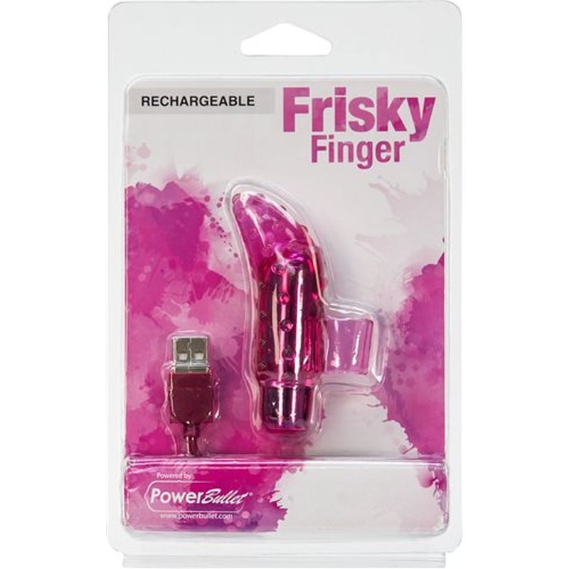 Frisky Finger rechargeable pink packaging featuring a rechargeable finger vibrator by Powerbullet.