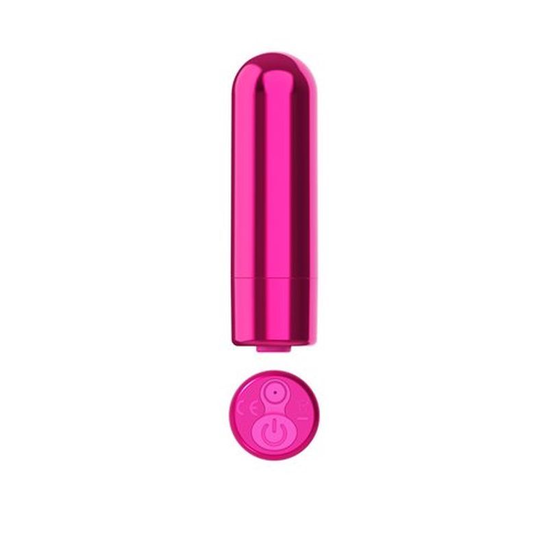 Rechargeable finger vibrator in vibrant pink with control button, designed for pleasure and couple play.