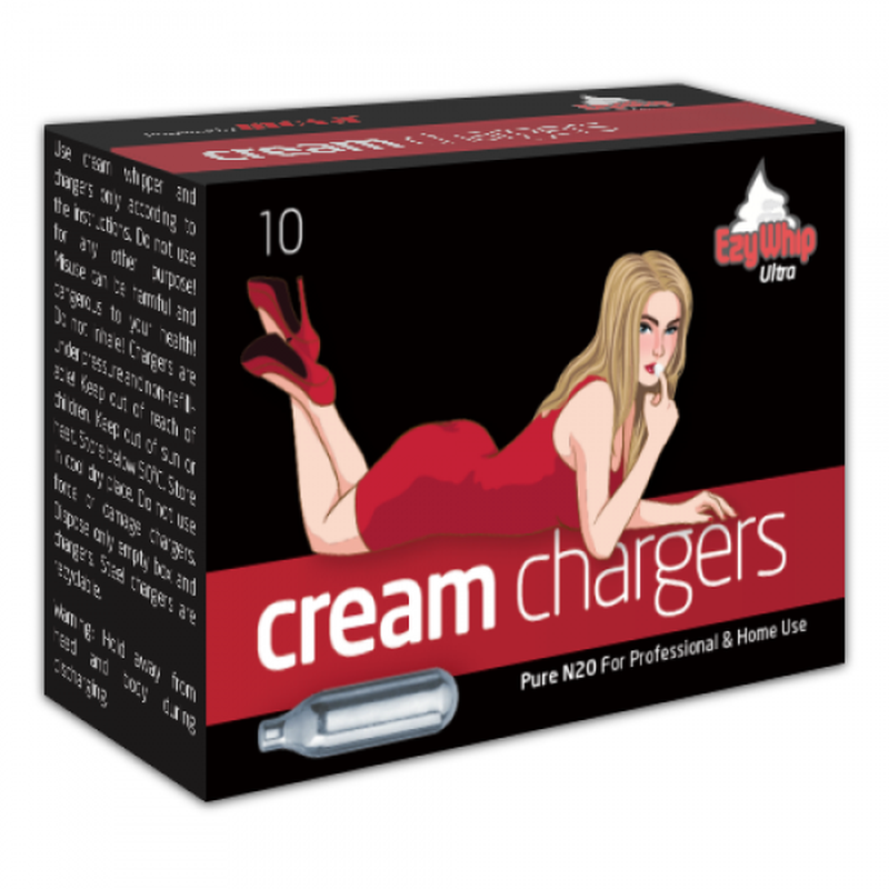 Ezywhip Ultra Cream 8g N2O Chargers 10 Pc package featuring a model in red dress.