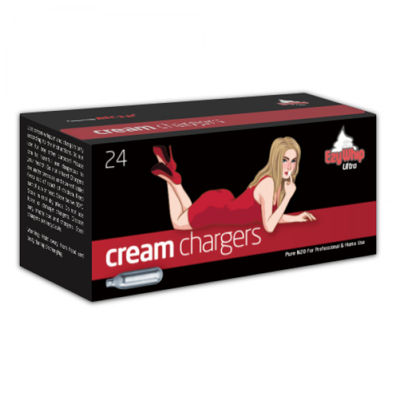 Ezywhip Ultra Cream 8g N2O Chargers 24 Pc box with an illustration and product details.
