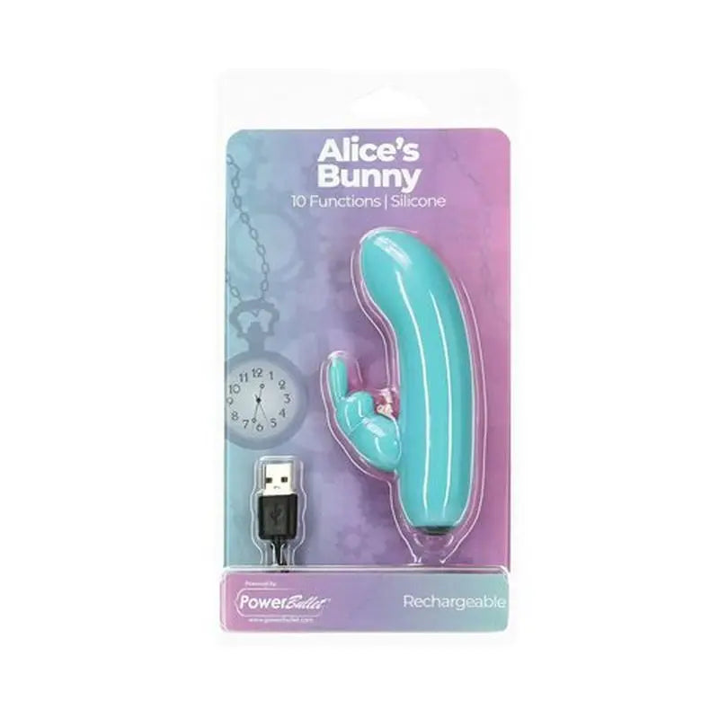 Alices Bunny Rechargeable Bullet w Rabbit Sleeve Teal PowerBullet Discreet Intimate Essentials.