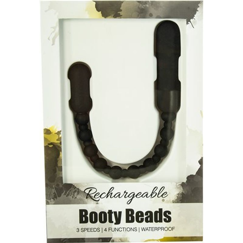 Rechargeable Booty Beads in black packaging showcasing 3 speeds and 4 functions with a waterproof design.