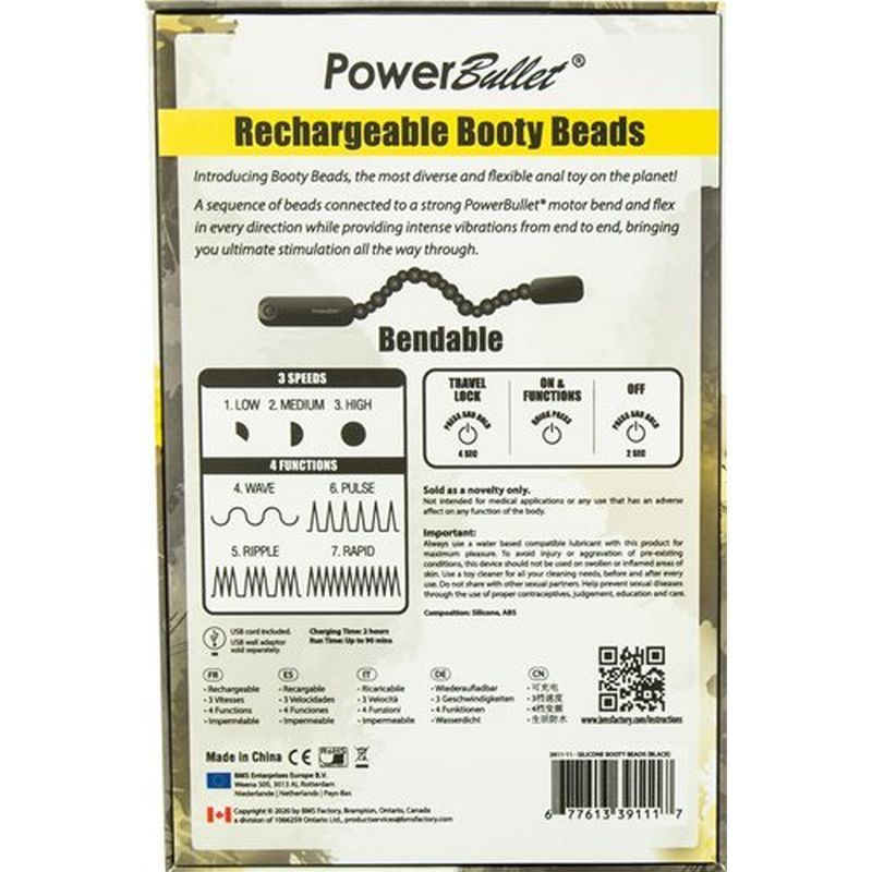 Rechargeable Booty Beads packaging showcasing features like bendability and various vibration settings.