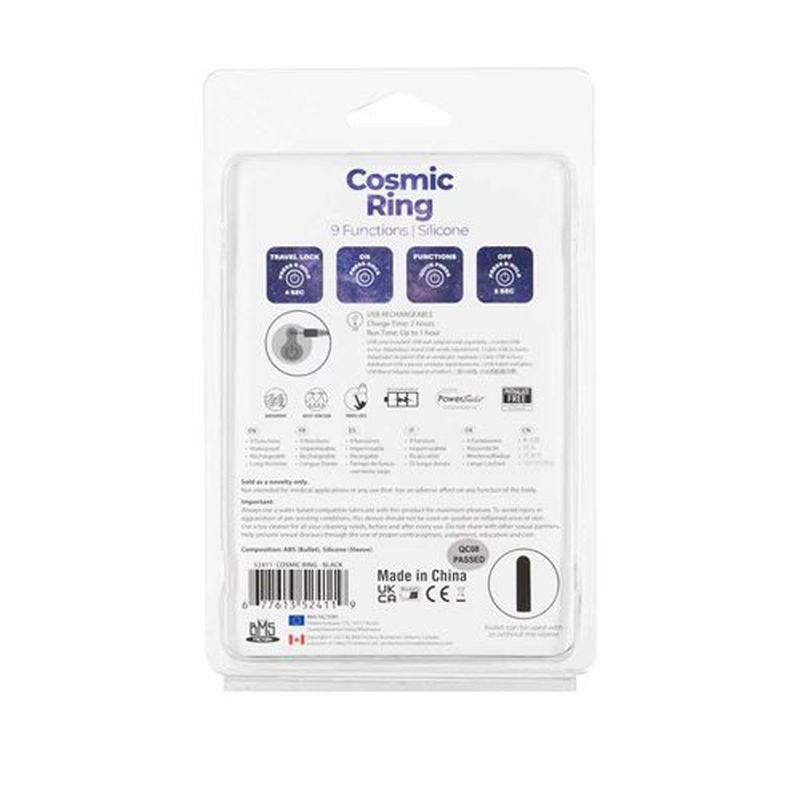 Power Bullet Cosmic Cock Ring w Bullet Black packaging with detailed functions and features.