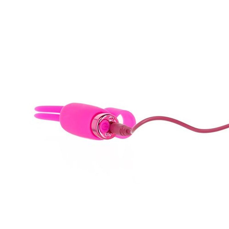 Rechargeable teasing tongue vibrator with a pink design and attached charging cable for enhanced pleasure.