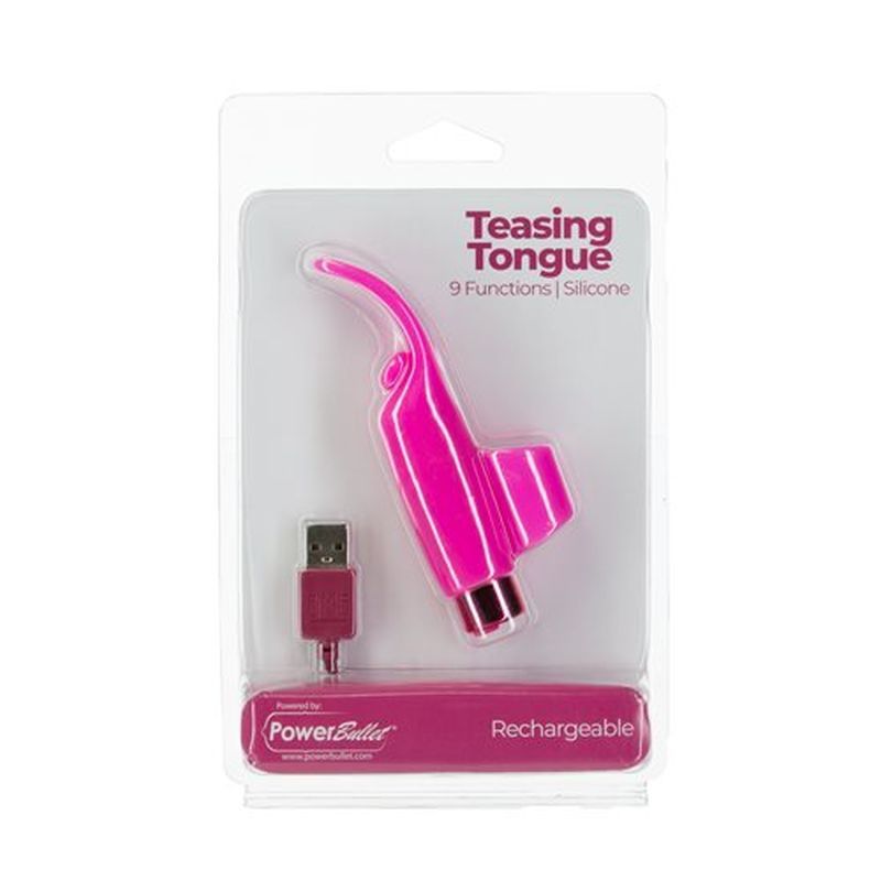 Rechargeable teasing tongue vibrator in pink packaging showcasing 9 functions and USB charge capability.