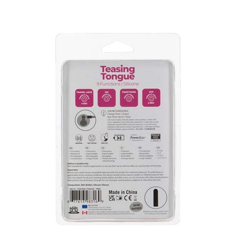 Power Bullet Teasing Tongue packaging featuring 9 functions, ideal for the rechargeable teasing tongue vibrator.