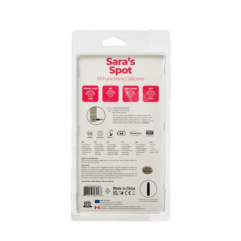 Back packaging of G-spot vibrator Sara's Spot showcasing 10 functions and silicone material.