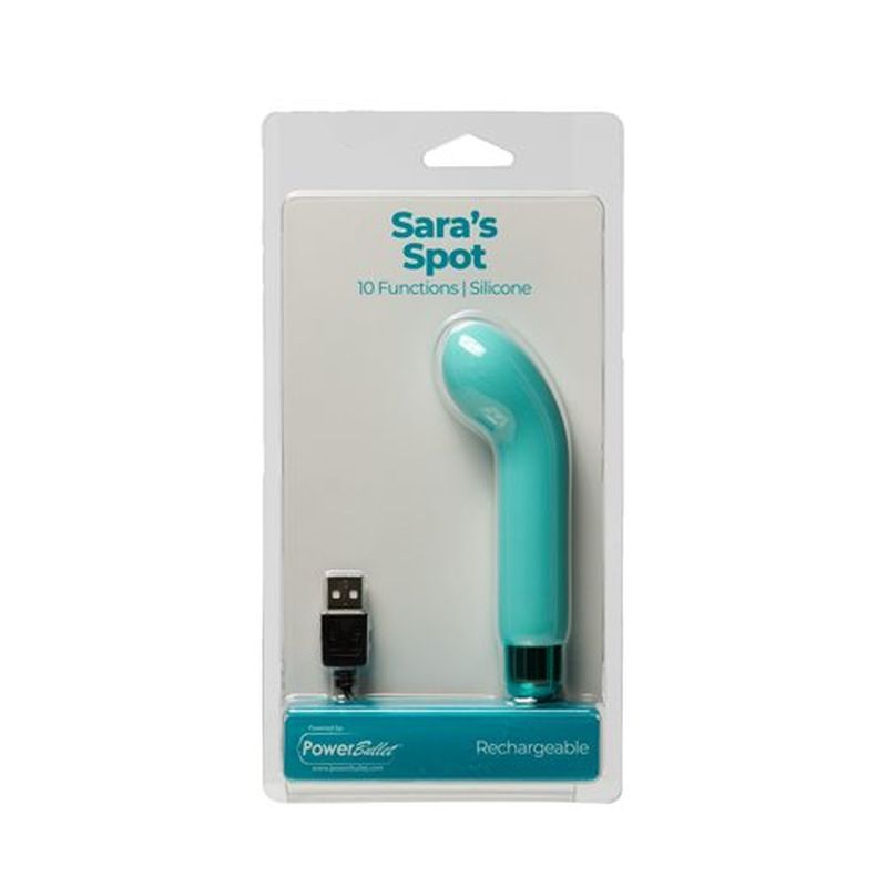 Power Bullet Sara’s Spot G-spot vibrator teal in packaging with USB charging cable, featuring 10 functions.