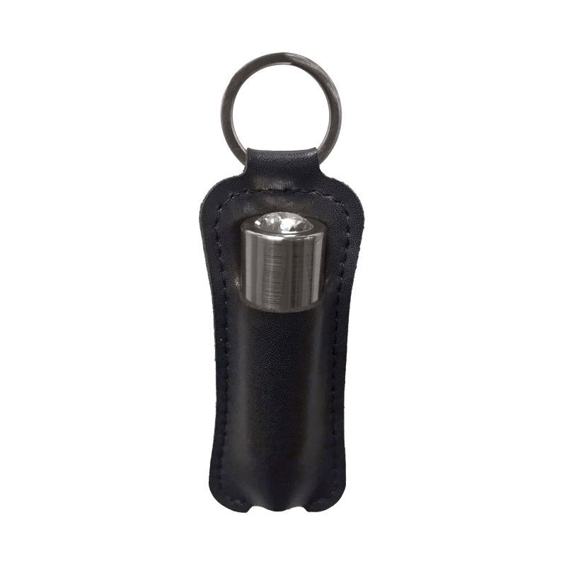 Rechargeable crystal bullet vibrator in a sleek black leather case with keychain attachment.