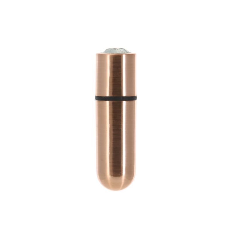 Rechargeable rose gold bullet vibrator with a crystal button, featuring a sleek and stylish design.