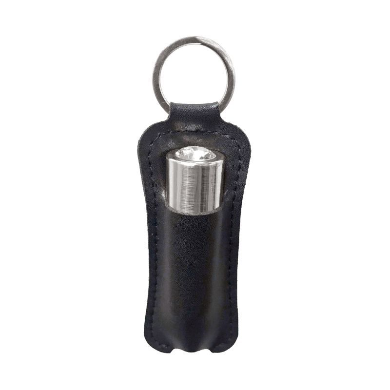 Rechargeable power bullet vibrator in sleek black leather case with keychain.