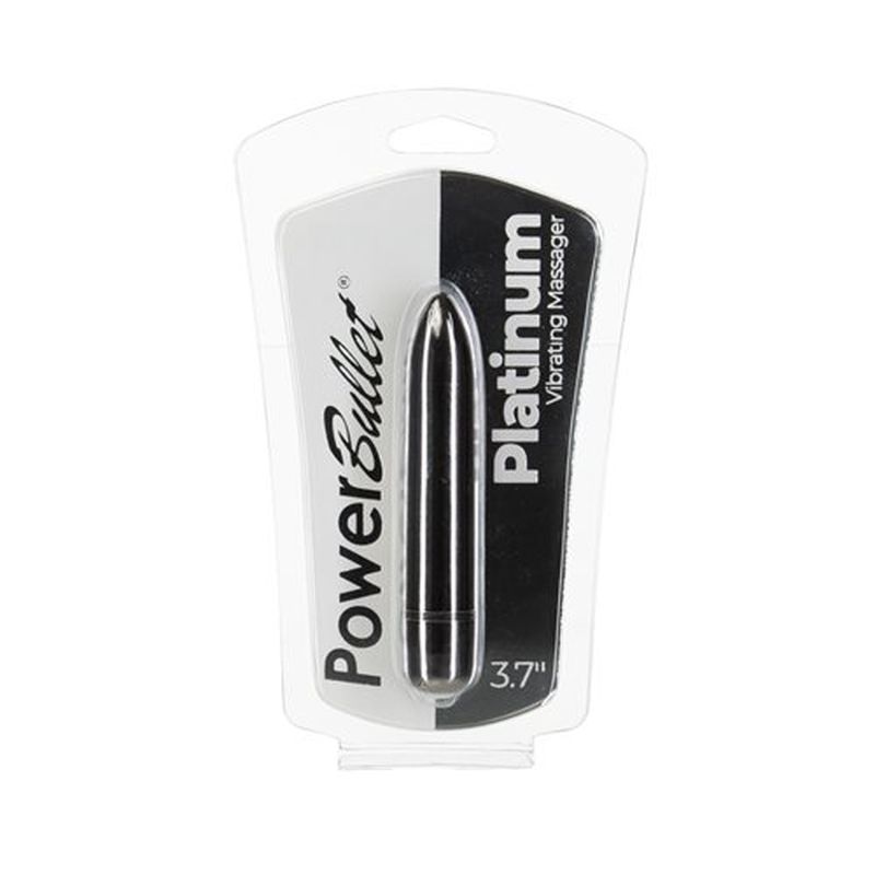 Platinum Bullet vibrator in packaging showcasing the 3.7-inch vibrating massager with a sleek platinum finish.