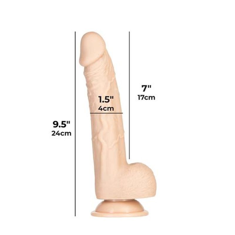 Realistic silicone dildo measuring 9.5 inches in length, 1.5 inches in width, designed for extreme realism and pleasure.
