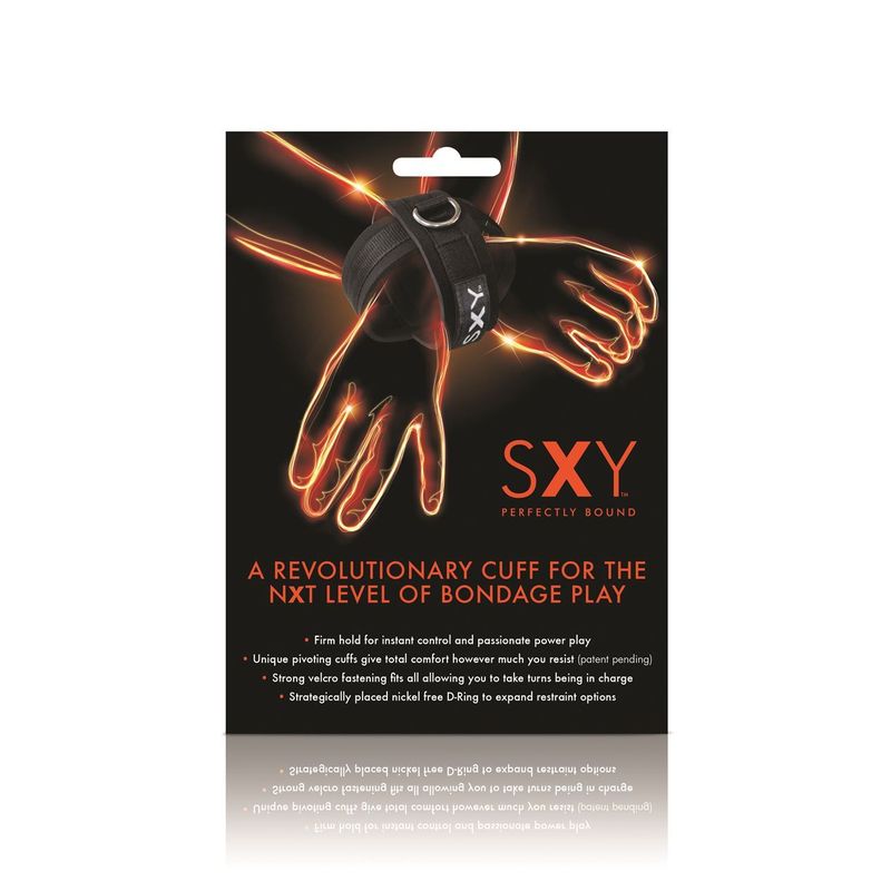 SXY Cuffs packaging highlighting deluxe neoprene cross cuffs for bondage play, featuring unique pivoting design and strong Velcro.