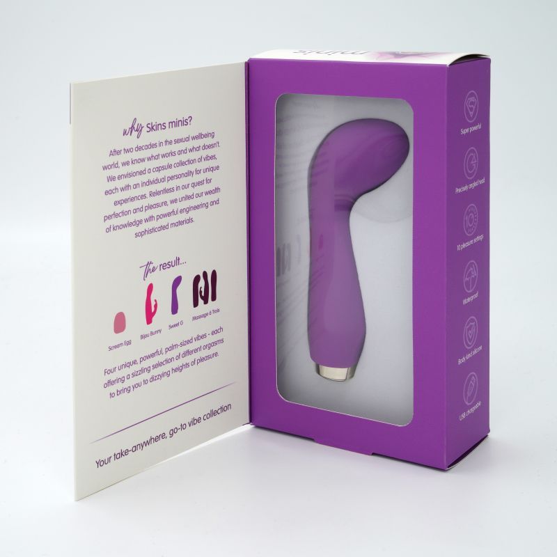 Skins Minis Sweet G women's intimate massager in purple packaging with description.
