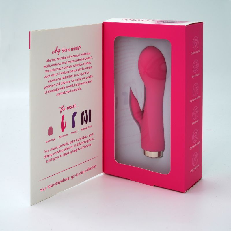 Skins Minis - The Bijou Bunny, a mini vibrating bunny toy in pink packaging with product details.