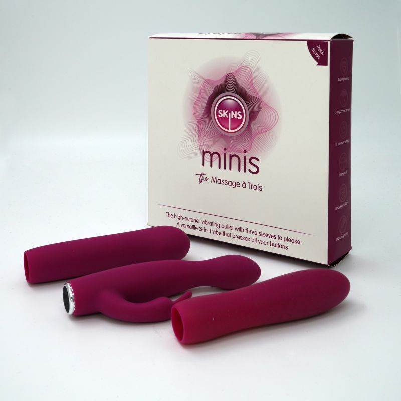 Skins Minis - Massage a Trois, a discreet bullet massager with multiple sleeves for varied pleasure.
