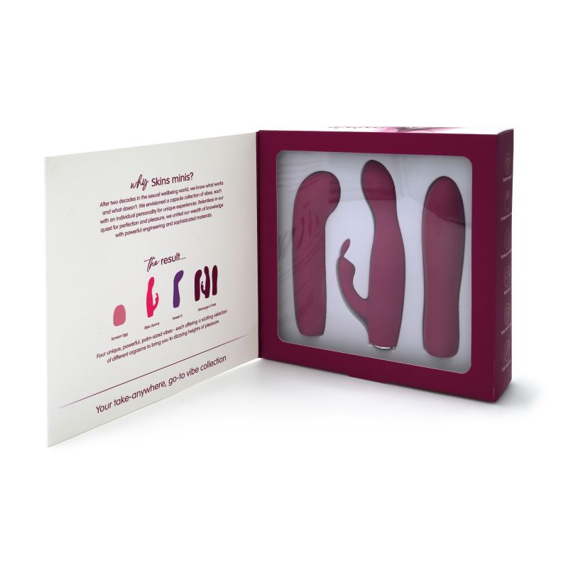 Skins Minis - Massage A Trois set featuring three covers for discreet bullet massager with a stylish packaging design.