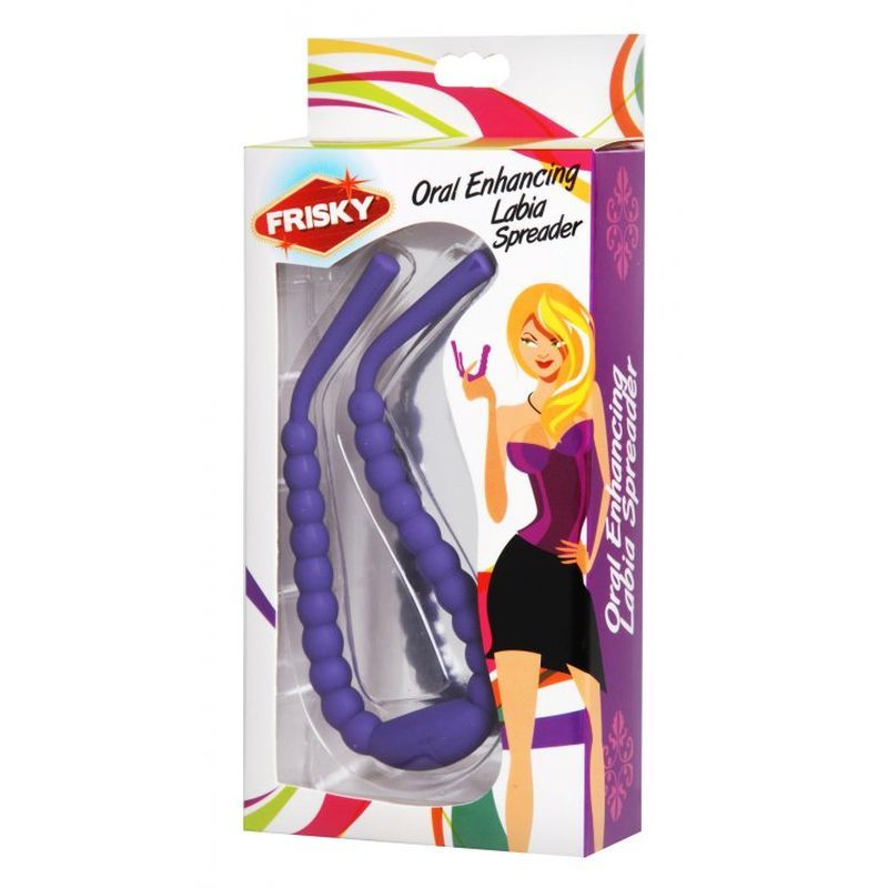 Image of a hands free oral enhancer, a purple labia spreader in packaging, designed for enhancing pleasure.