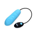 Rechargeable pulsing bullet vibrator in blue with retrieval cord and remote control for unique stimulation.