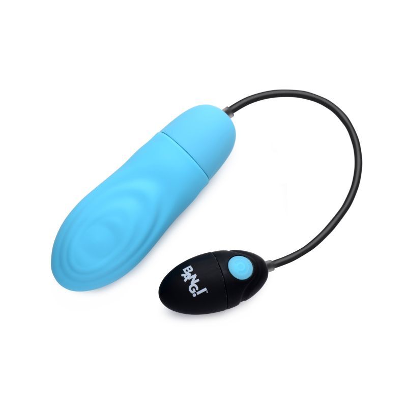 Rechargeable pulsing bullet vibrator in blue with retrieval cord and remote control for unique stimulation.