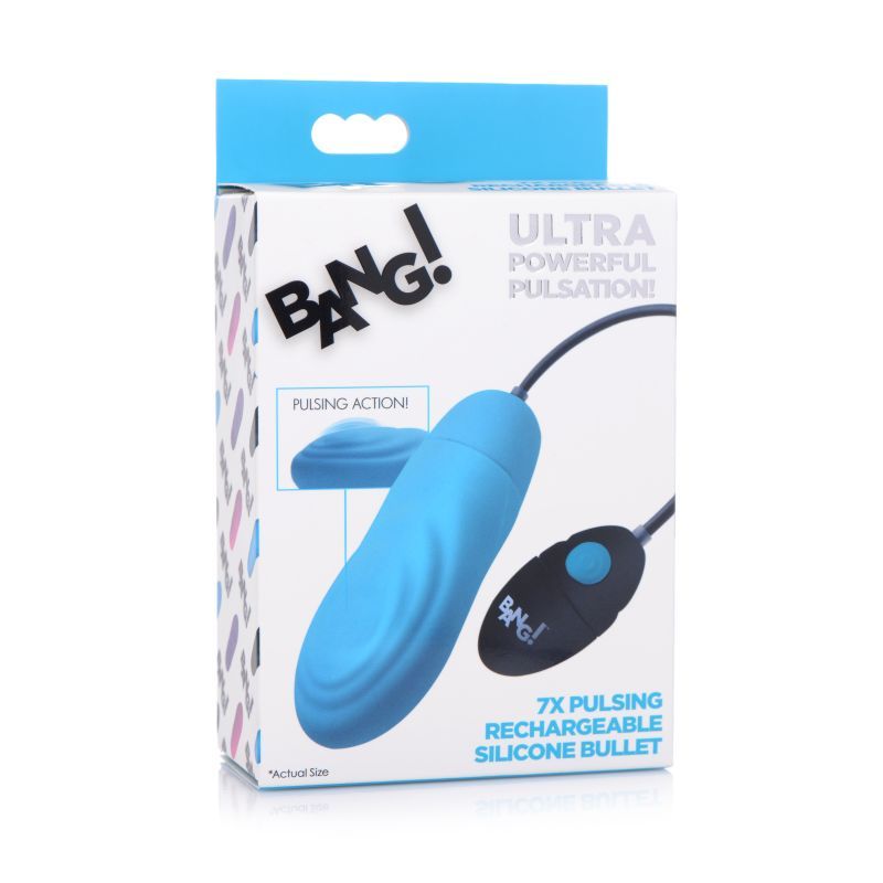 Packaging for the 7X Pulsing Rechargeable Bullet Blue, a rechargeable pulsing bullet vibrator with remote control.