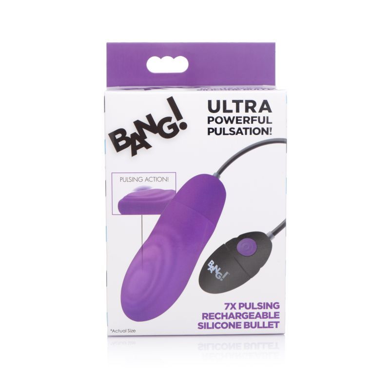 7X Pulsing Rechargeable Bullet Purple packaging featuring rechargeable bullet vibrator with remote control.