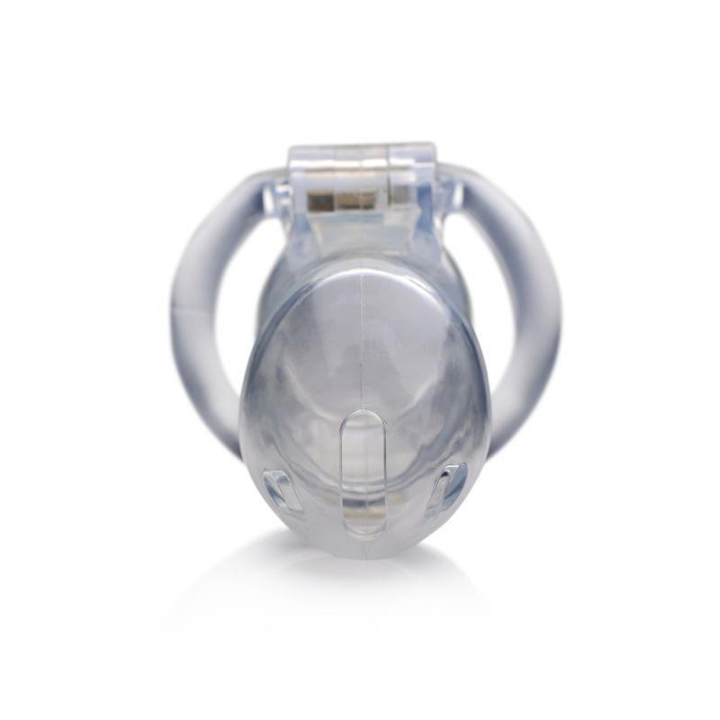 Clear chastity cage front view showcasing the transparent design and locking mechanism.