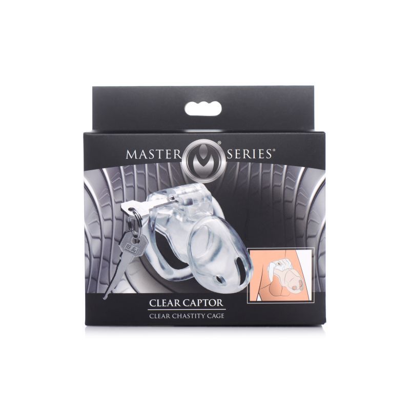 Clear Captor Chastity Cage Medium packaging displaying clear chastity cage features and design.