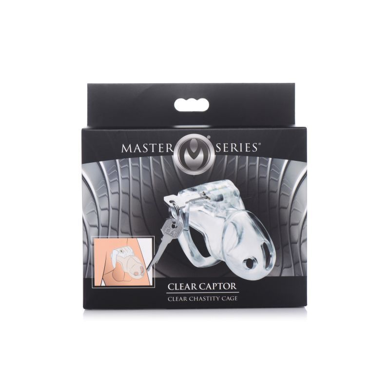 Clear Captor Chastity Cage Small packaged, featuring its transparent design and branding, ideal for BDSM enthusiasts.