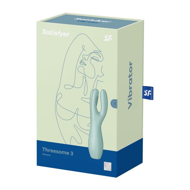 Satisfyer Threesome 3 lay-on vibrator for clitoral stimulation packaging displayed on a light background.
