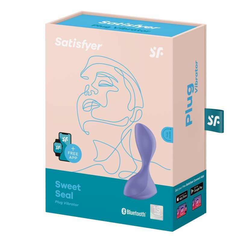 Satisfyer Sweet Seal Vibrating Anal Plug Lilac packaging featuring body safe silicone design with app compatibility.