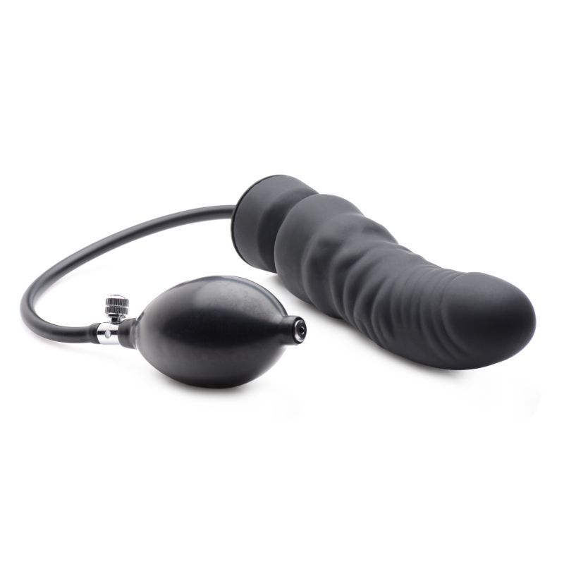 Dick Spand Inflatable Silicone Dildo Black with pumping bulb for adjustable size and realistic feel.