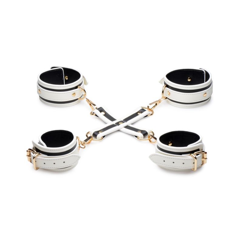 Kink In the Dark Glowing Hog Tie Set Fluro Green featuring four adjustable cuffs and elegant golden hardware.