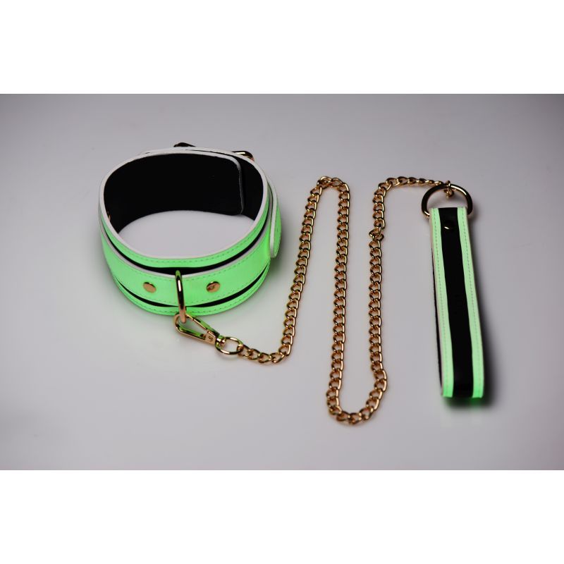 Kink in the Dark glowing collar and lead set in fluro green with gold chain for light bondage enthusiasts.